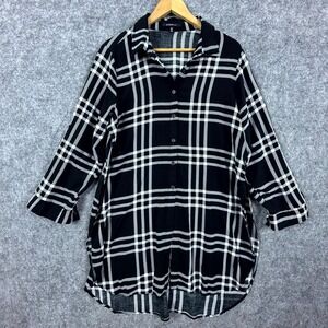 Miss Lili Shirt Women 2X Black White Plaid Roll Tab Button Front Grunge Oversize
